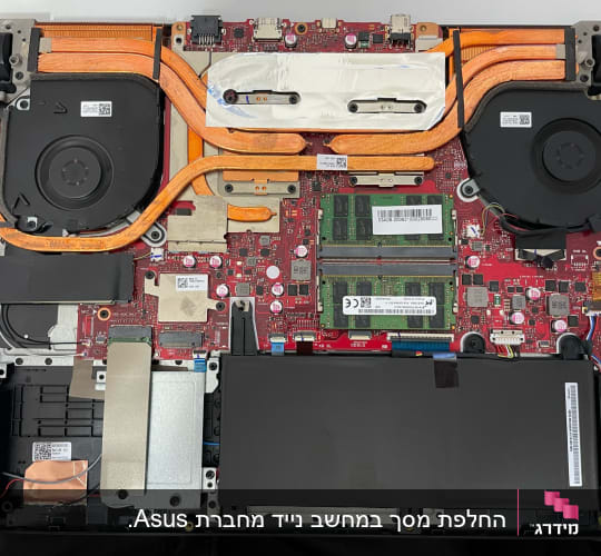 לוח אם עם מאווררים, זיכרון RAM וצינורות קירור